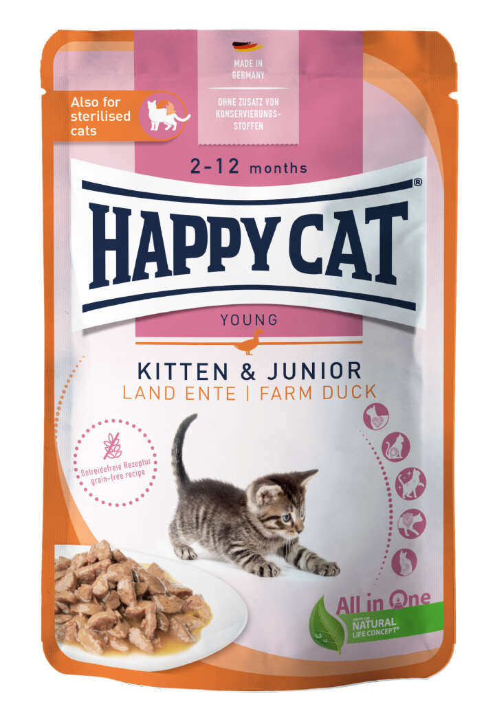 HAPPY CAT Katzen-Nassfutter Meat in Sauce Kitten & Junior Land-Ente